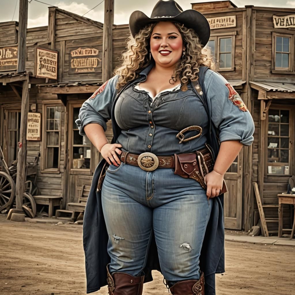 Curvy Gunslinger in Western Town