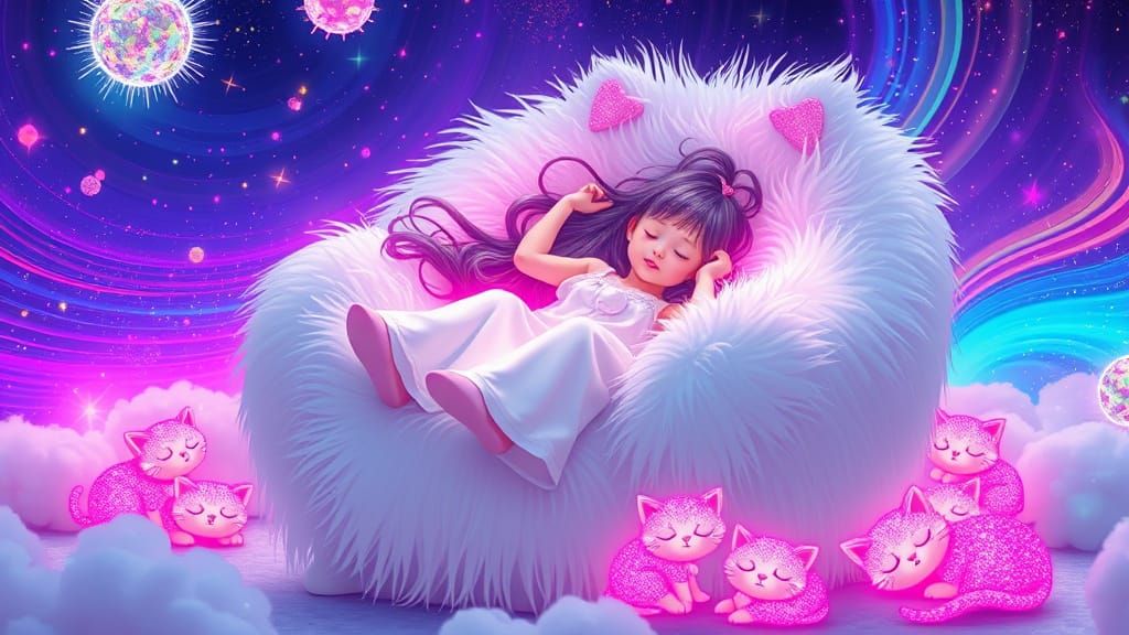 Girl Sleeping in Cat Chair with Neon Kittens