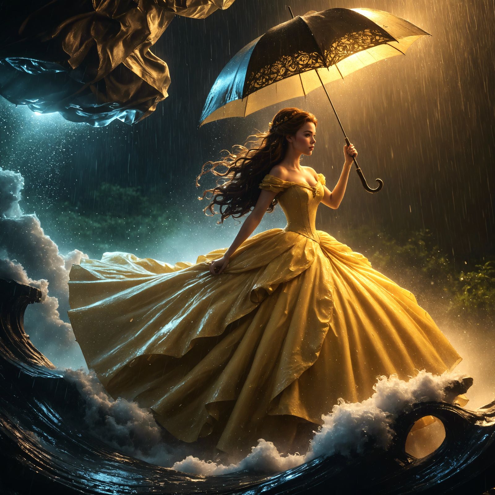 Princess in Storm with Golden Gown and Umbrella