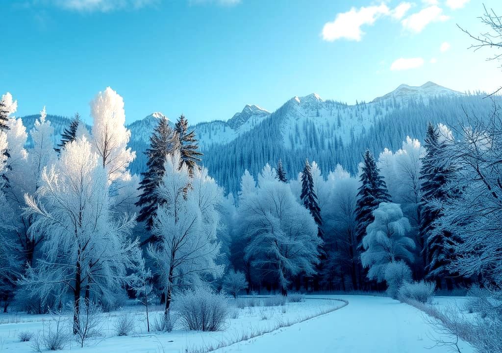 Icy Winter Forest Scene with Mountains