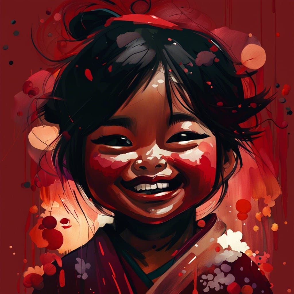 Adorable Japanese Girl Portrait in Gouache Painting Style