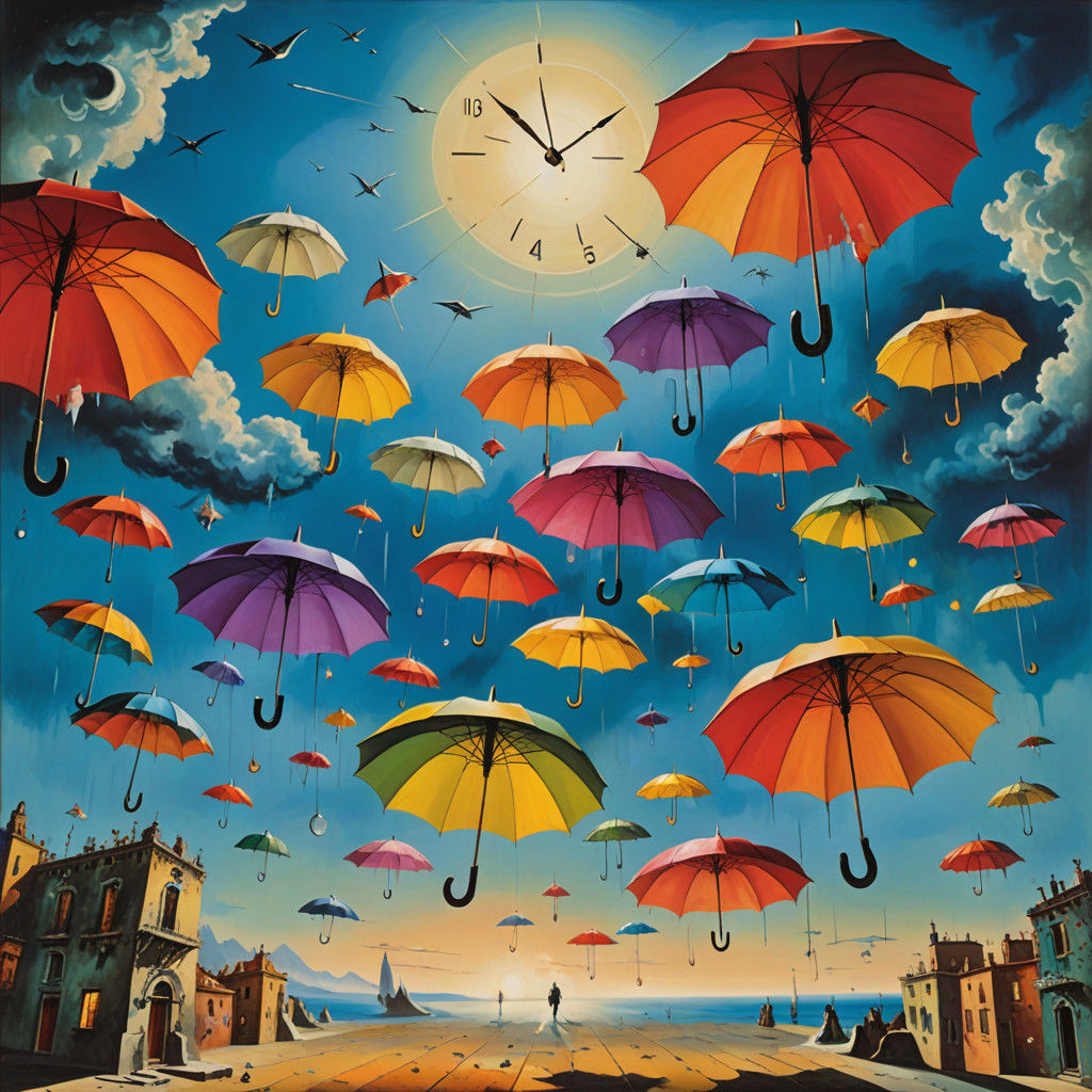 Surreal Umbrellas in Dalì-Inspired Dreamscape