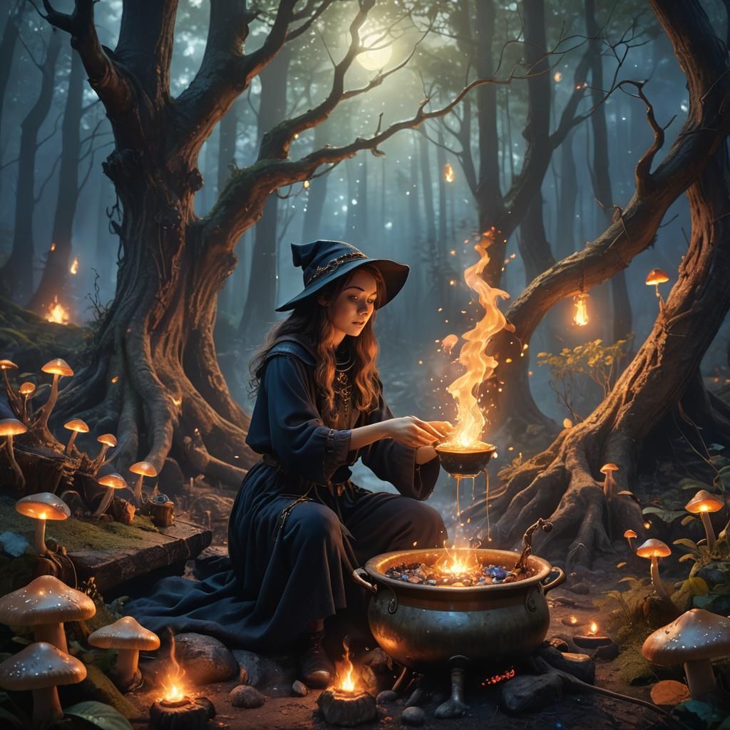 Young Witch Brews Potion in Enchanted Forest