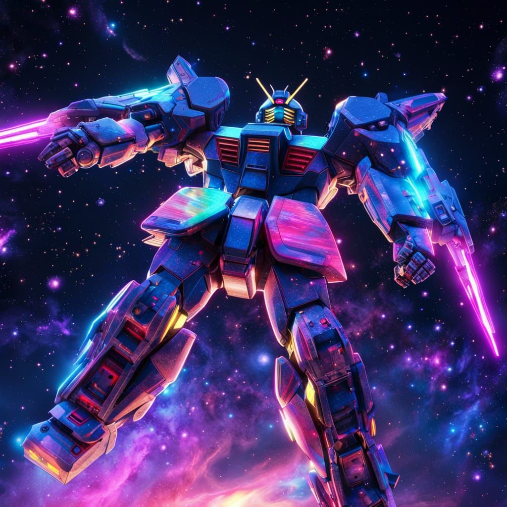 Gundam Robot Soaring Through the Galaxy in 3D