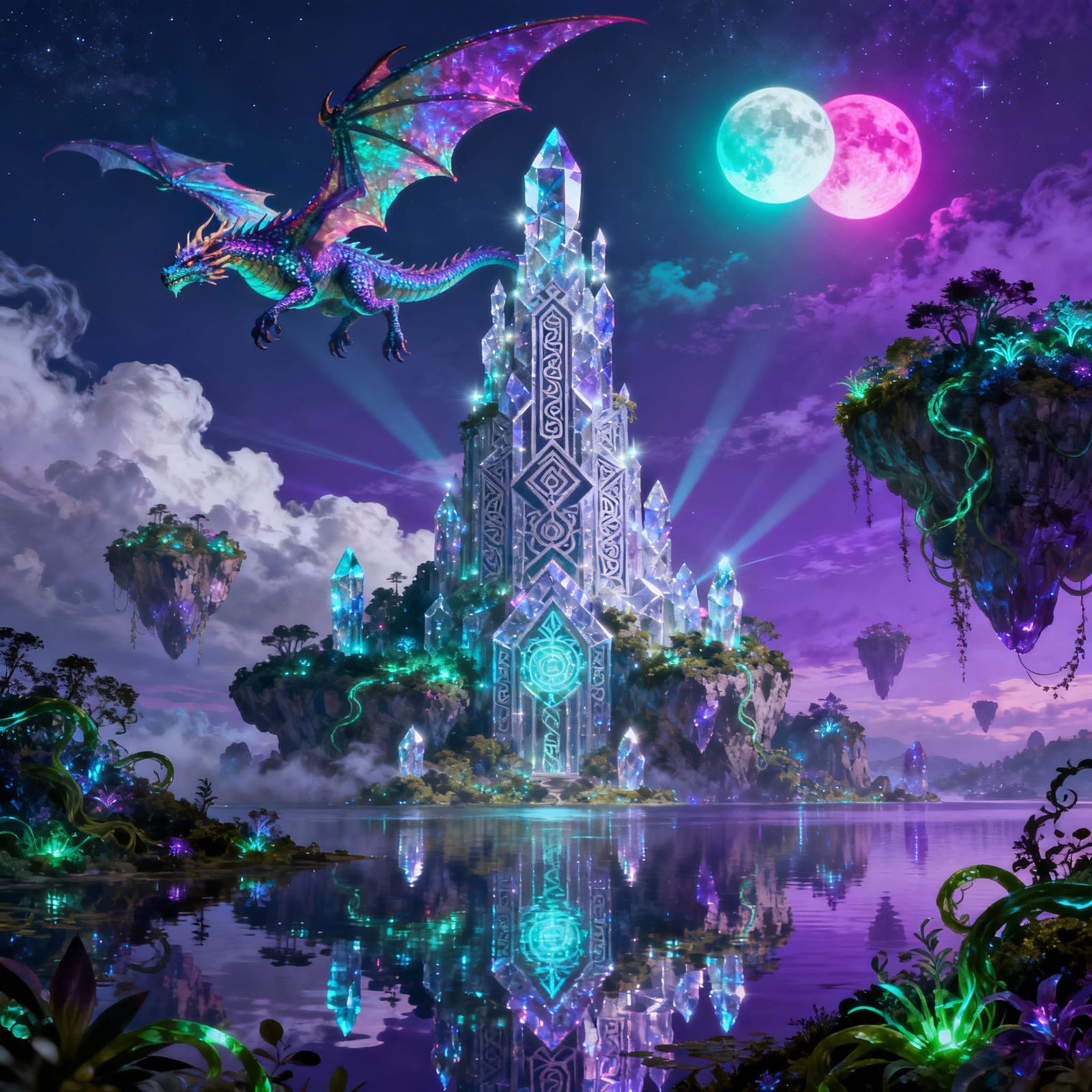 Crystal Castle with Dragon Above Floating Islands