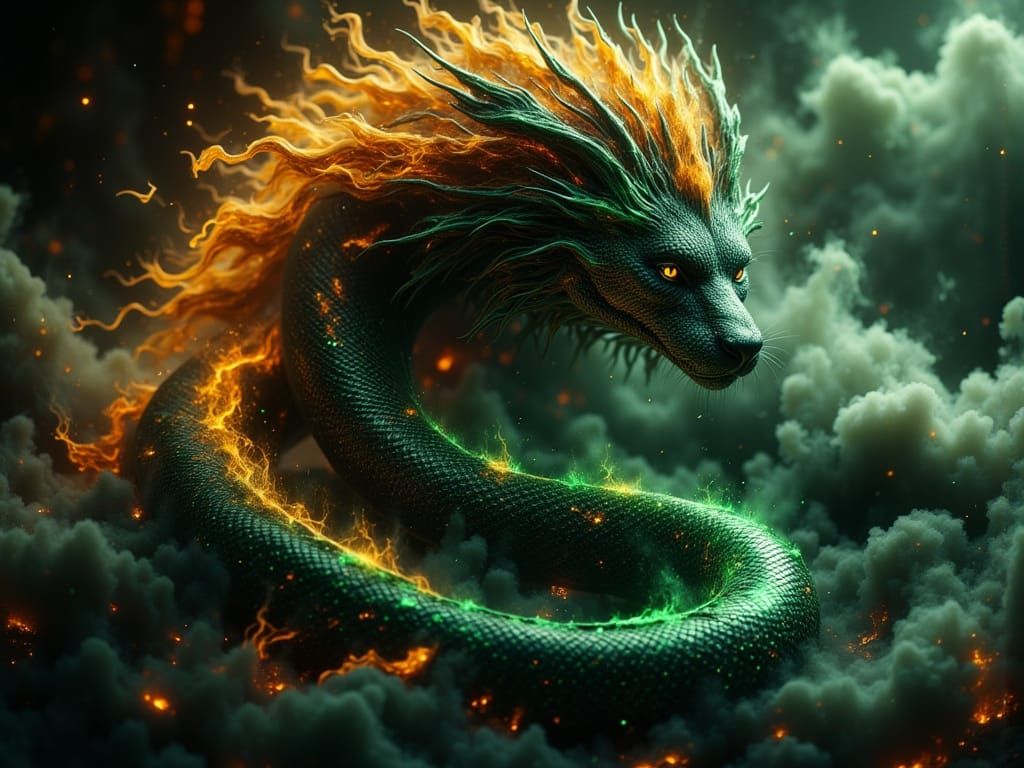 Majestic Being in Golden Light with Smoke Snake