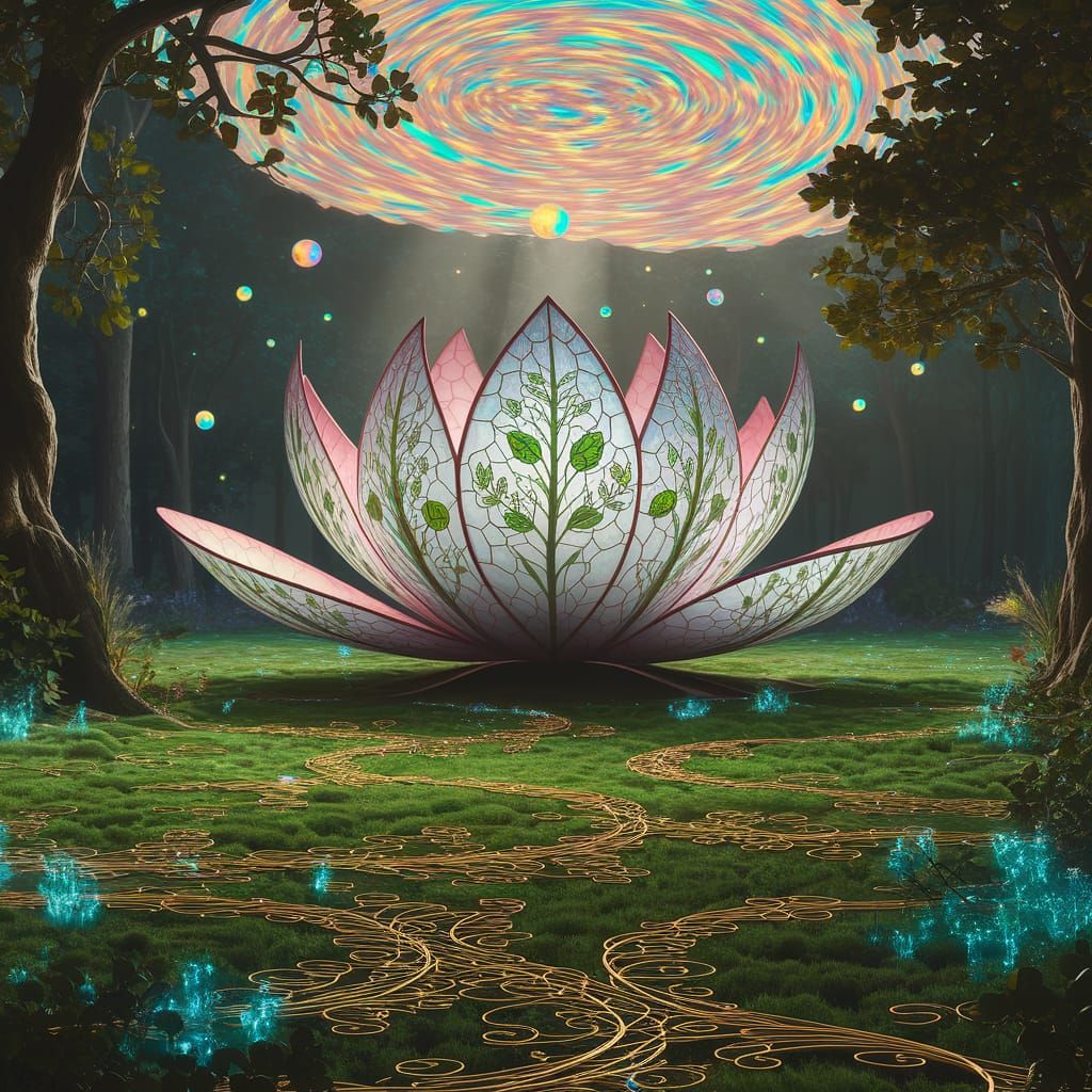 Serene Forest Scene with Stained Glass Lotus