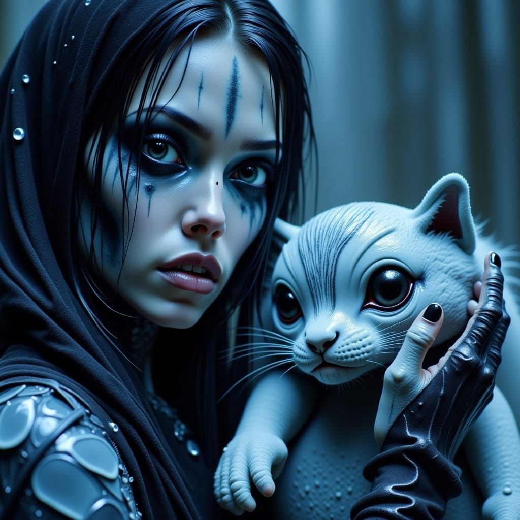 Icy Woman with Cat in Junji Ito Style