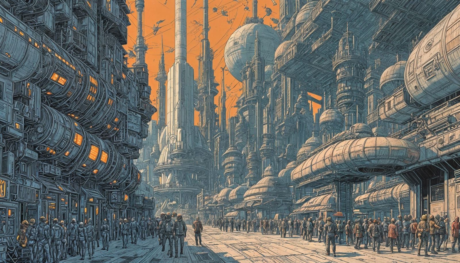 Alien Astroport Scene with Rockets Launching