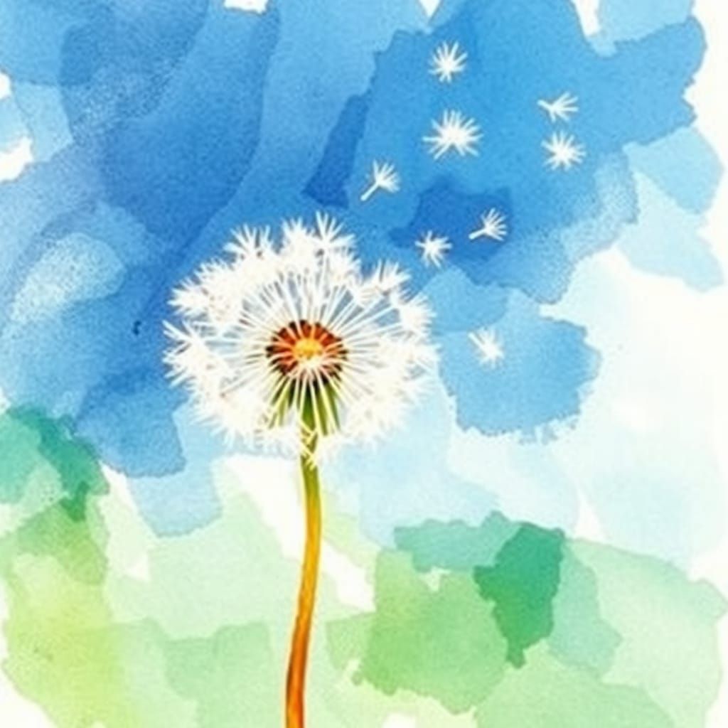 Watercolor Dandelion Seeds in Wind