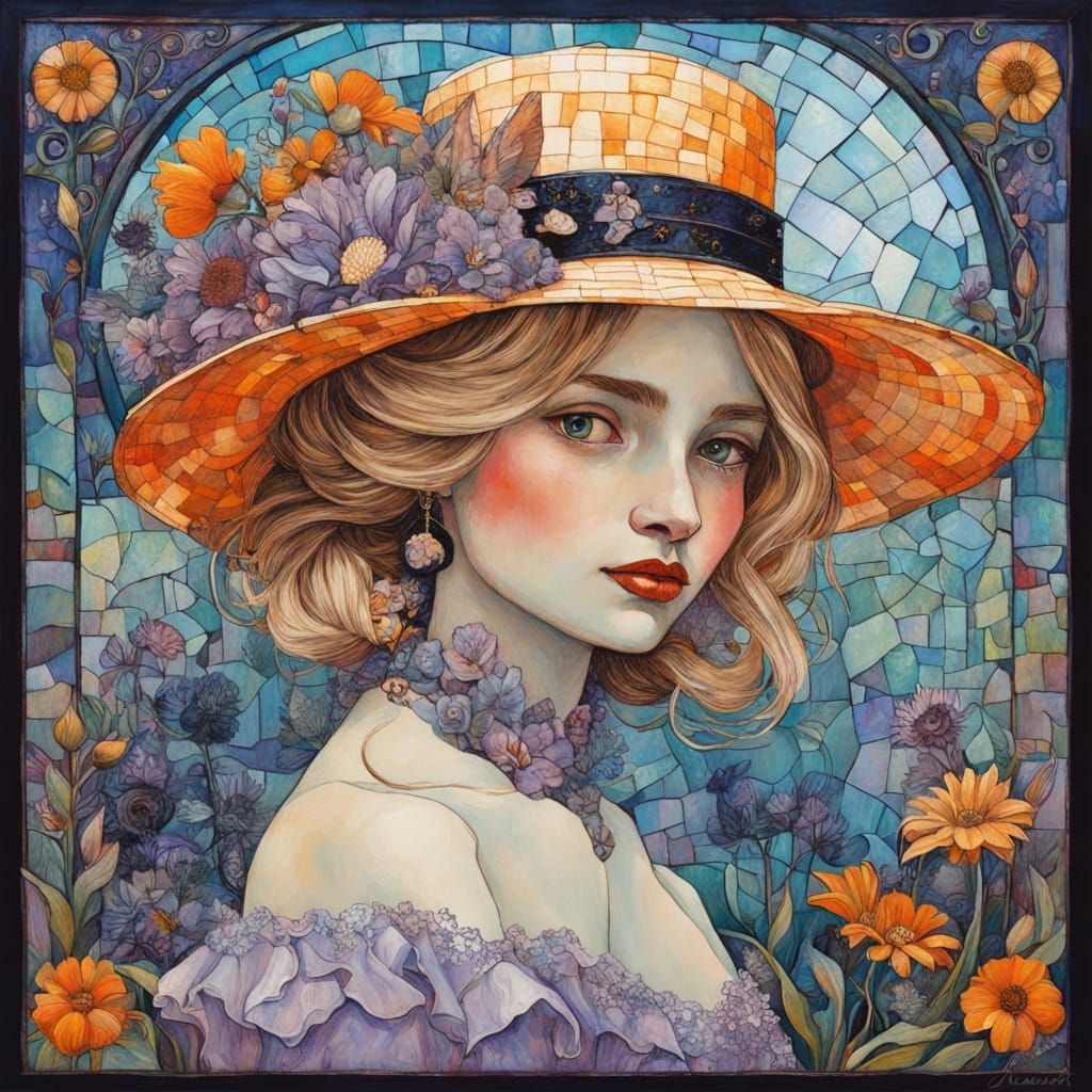 Victorian Woman and Cat in Whimsical Impasto Art