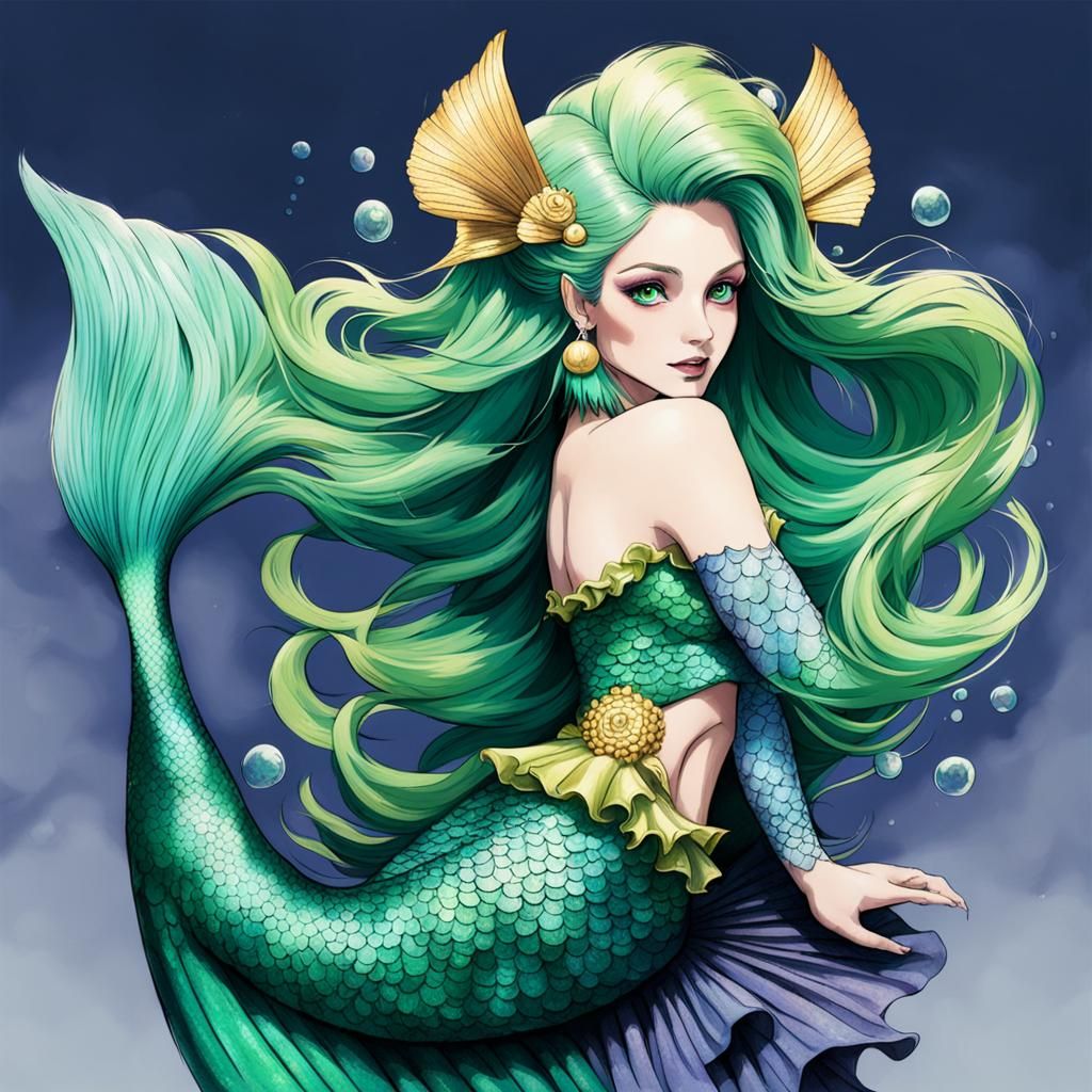 Green-Haired Mermaid with Finned Ears