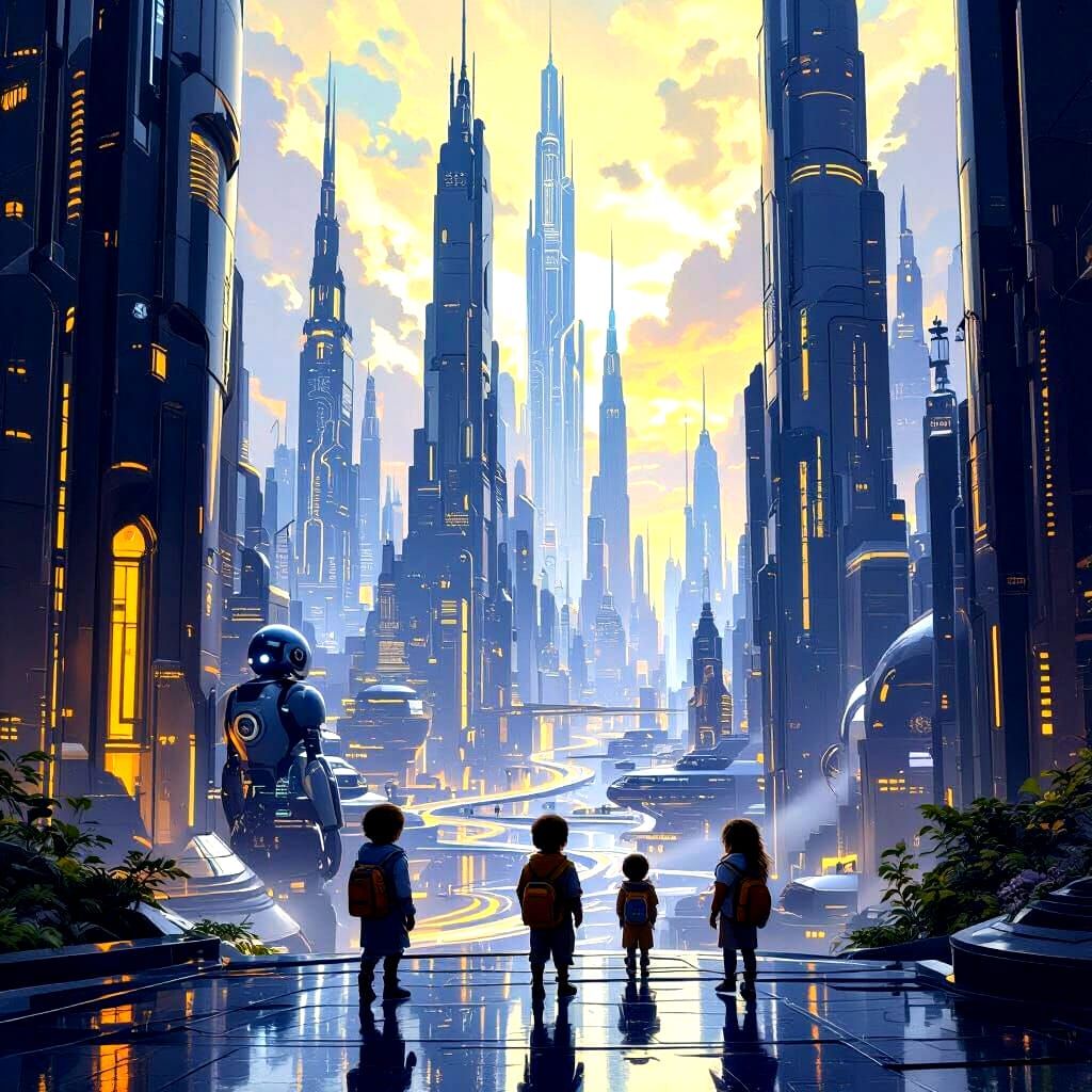 Children in Futuristic City: Dark Fantasy Concept Art