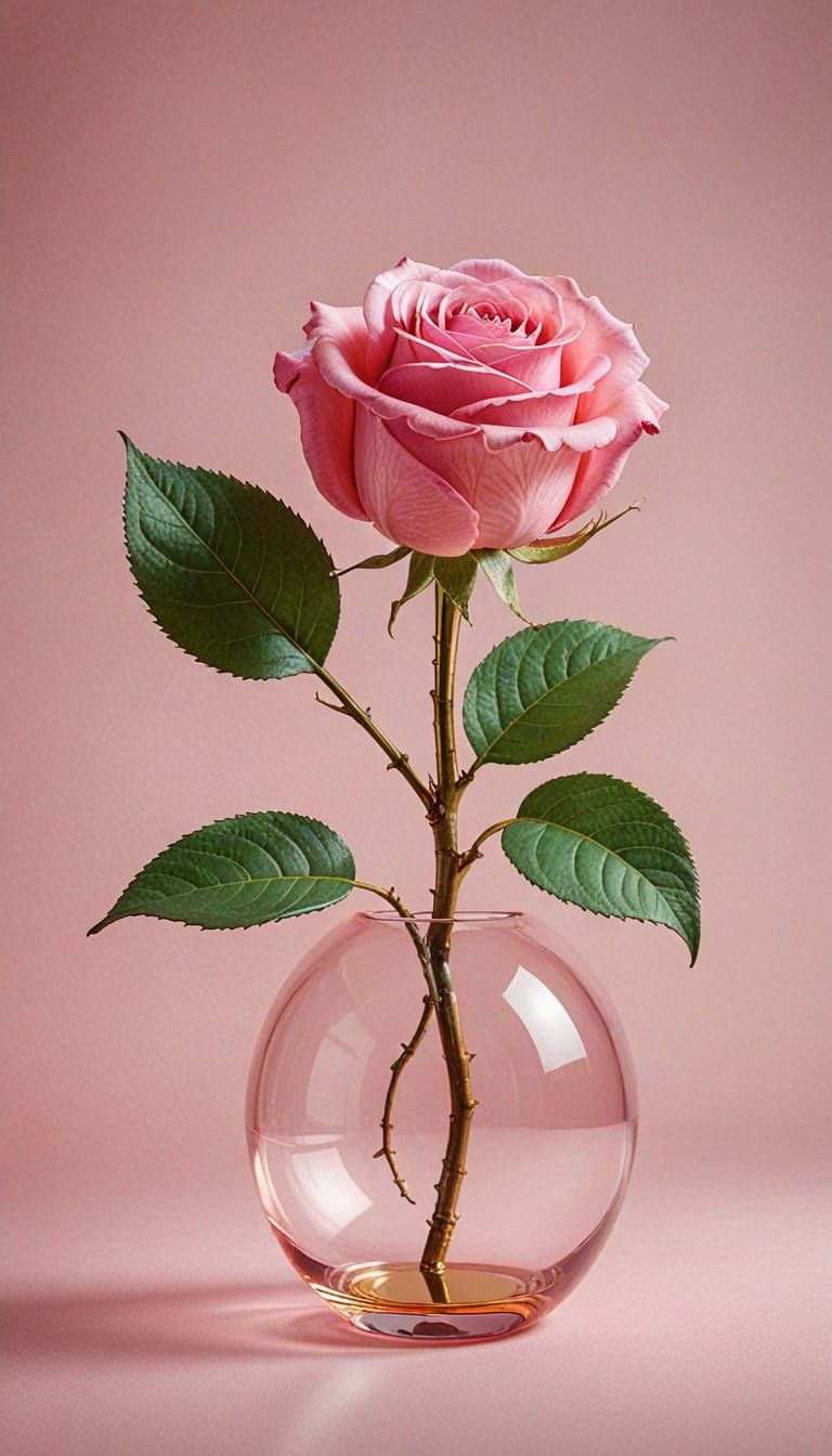 Surreal Pink Glass Apple with Golden Stem and Rose