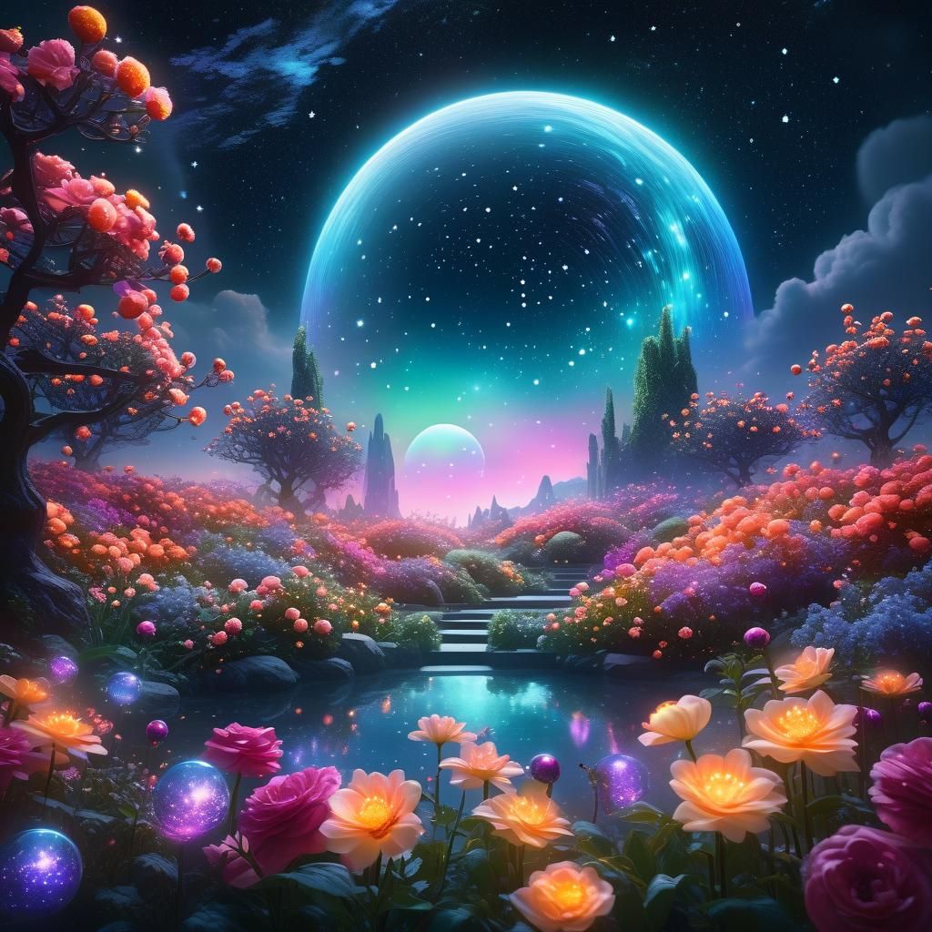 Celestial Garden Under a Starry Night Sky