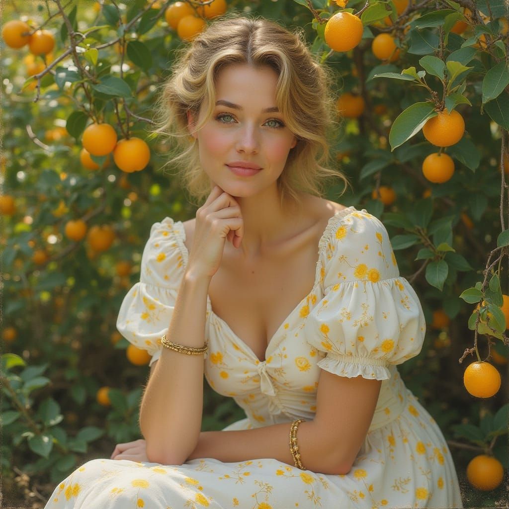 Blonde Woman in Lemon Garden, Impressionistic Style