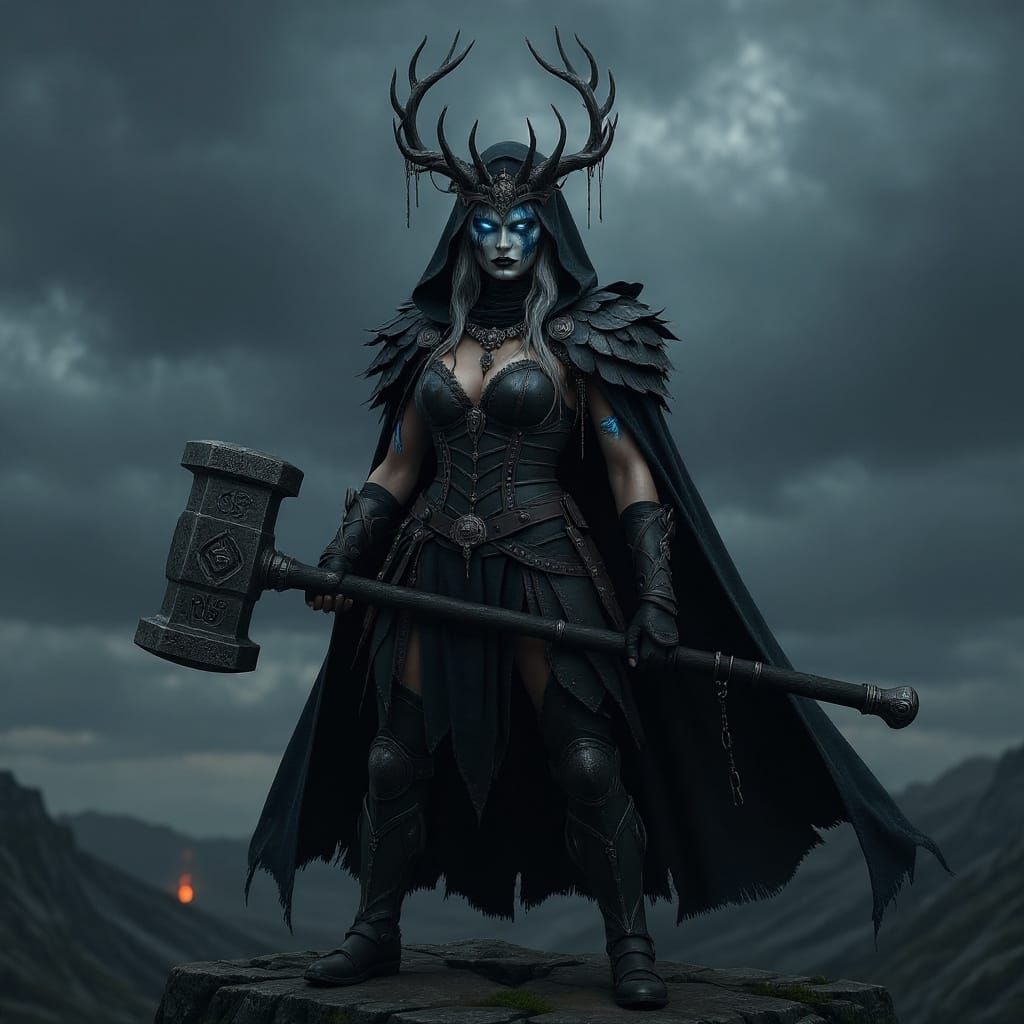 Battle Goddess with War Hammer on Rocky Cliff