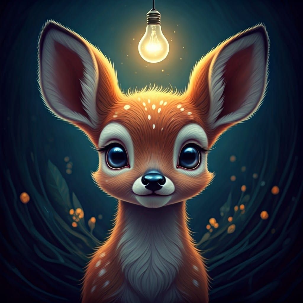 Whimsical Deer with Radiant Eyes and Lightbulb