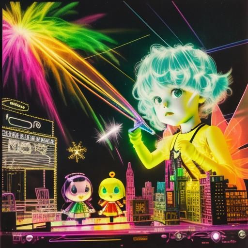 Surreal Rayograph with Rainbow Fairy and Neon Cityscape