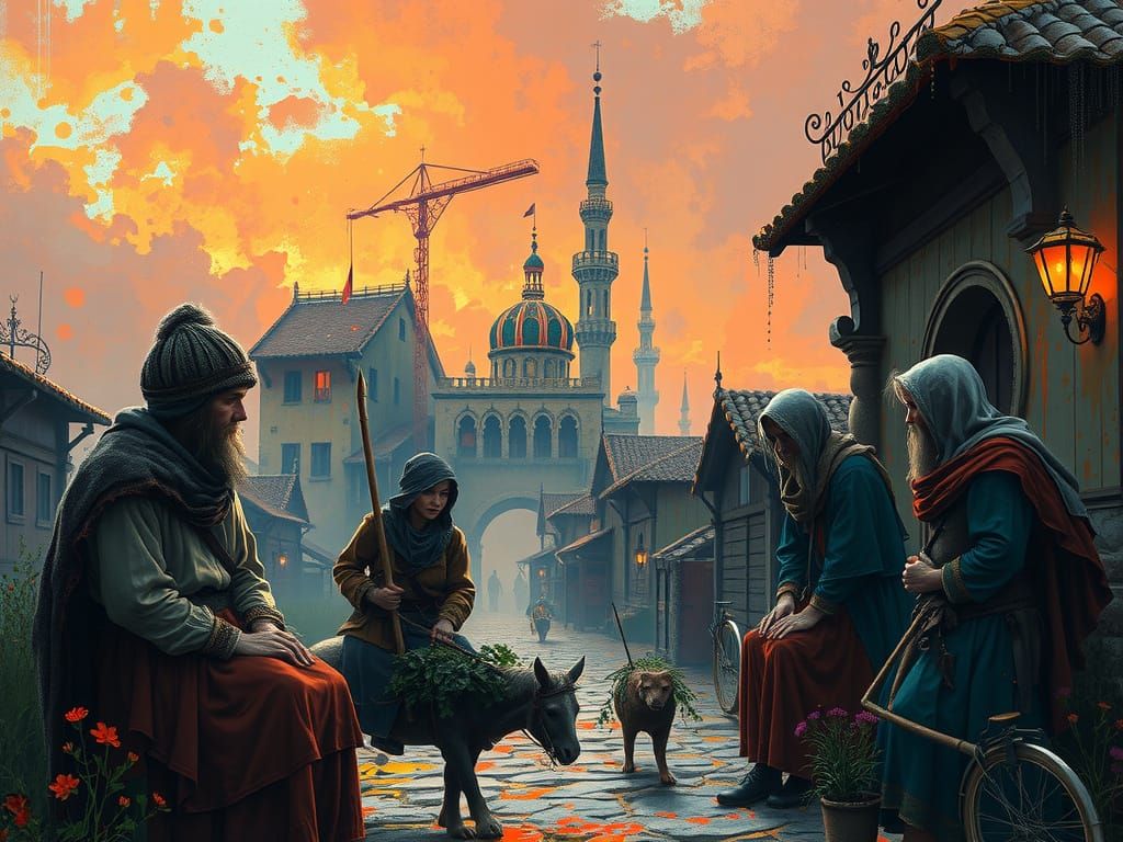 Surreal Medieval Peasants in Vibrant Oil Painting Style