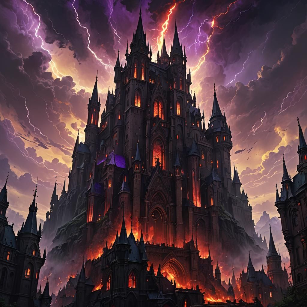 Dark Fantasy Spires Under Red Lightning