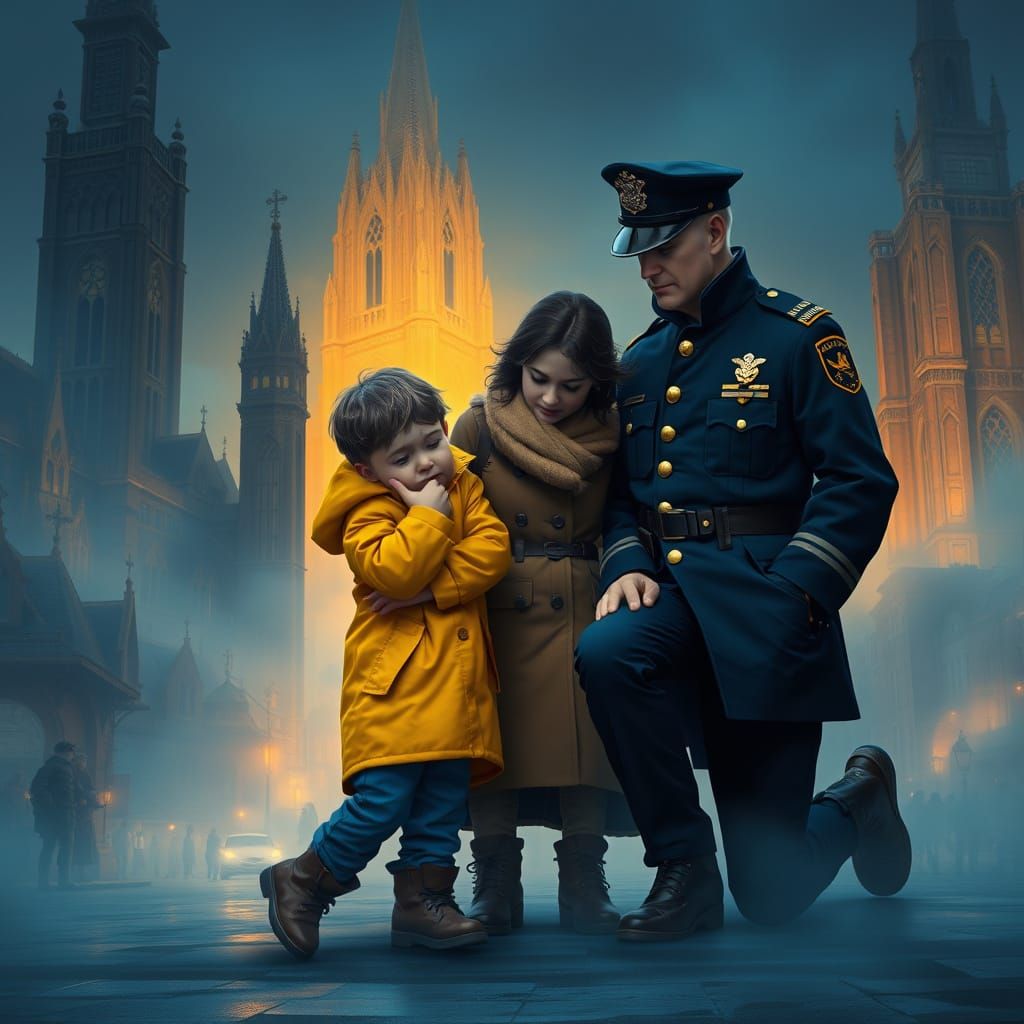 Mother and Son Comforted by Policeman in Whimsical Cityscape