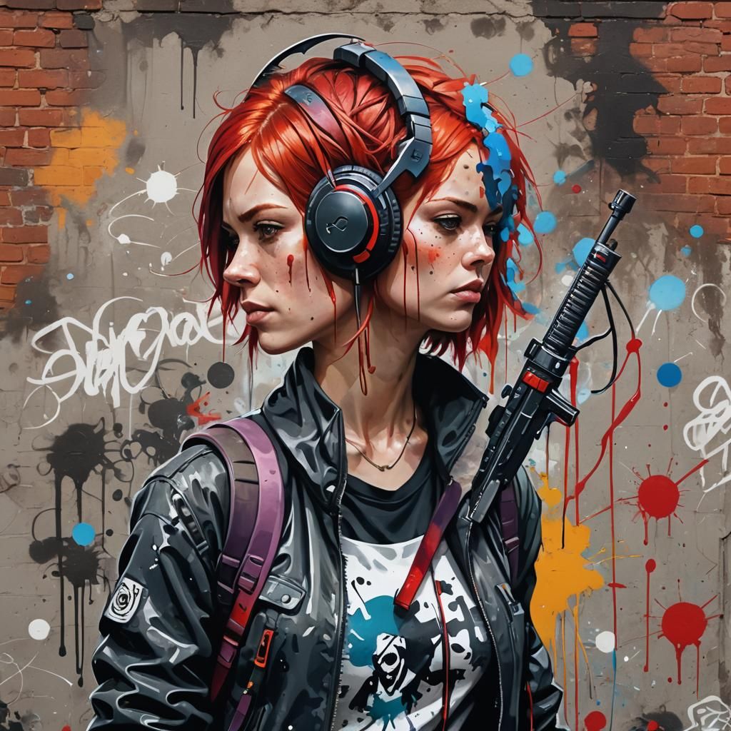 Woman with Headphones, Gun and Sword in Graffiti Art
