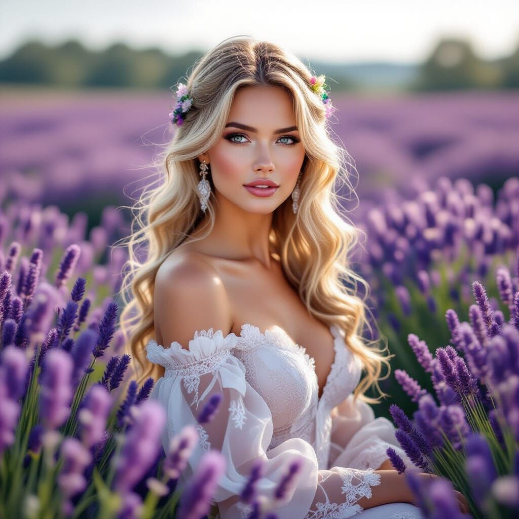 Blonde Supermodel in Lavender Field, Art Nouveau Style