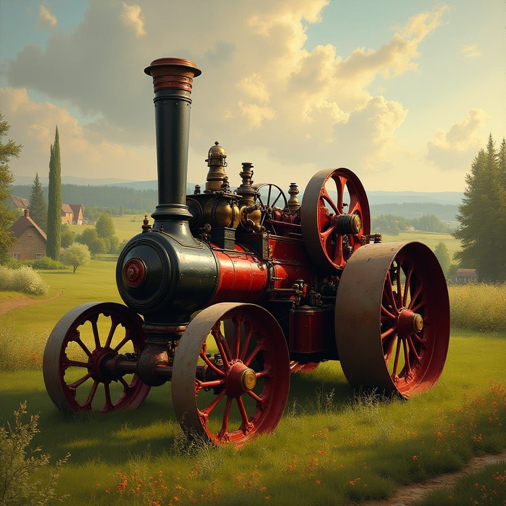 Majestic Traction Engine in a Golden Rural Landscape