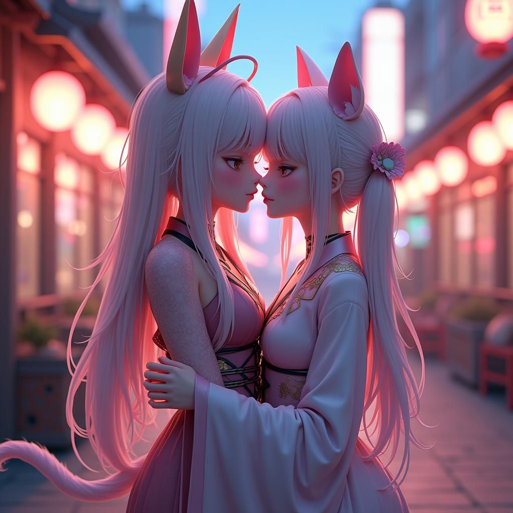 Kemonomimi Women Kissing in a Neon Japanese Street
