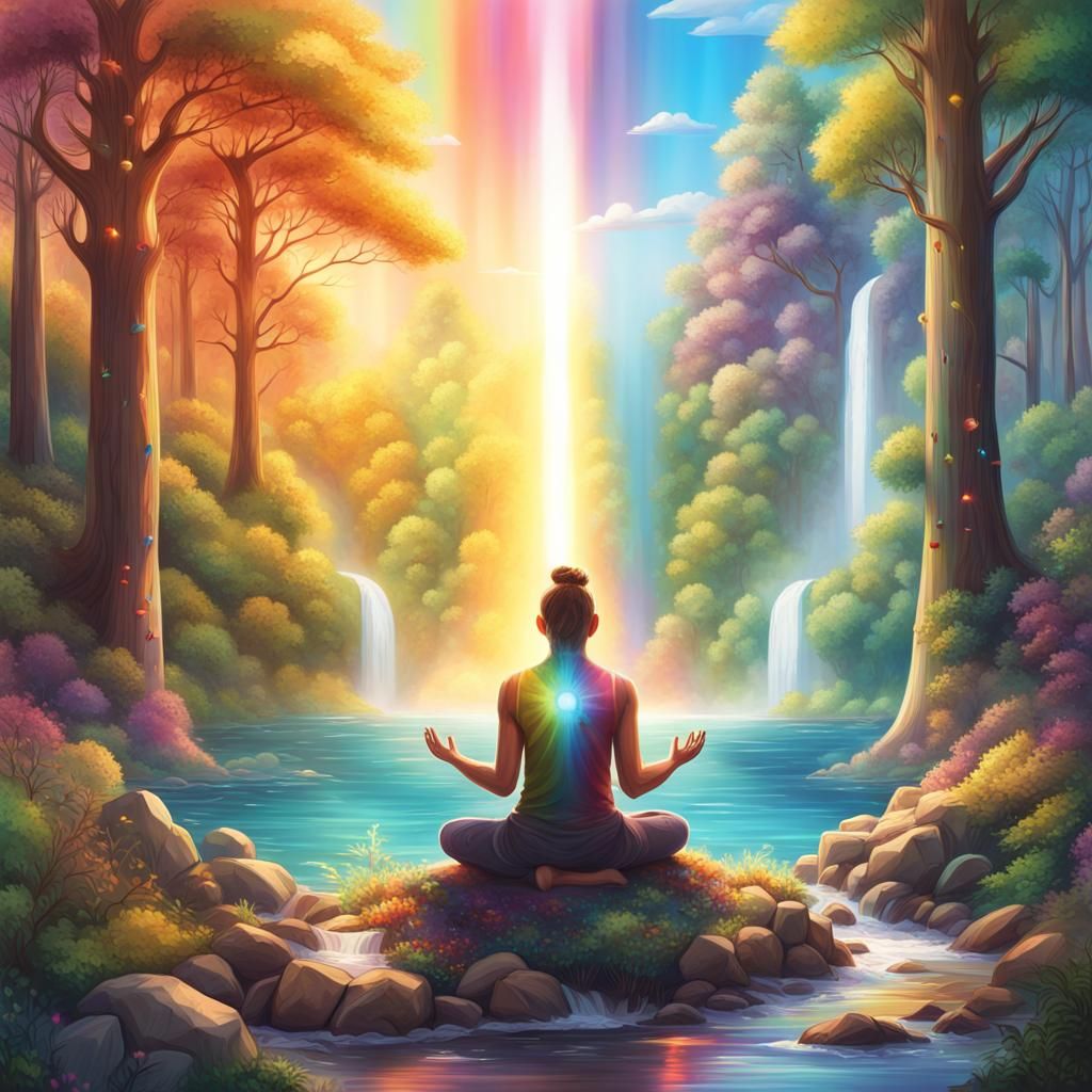 Meditating in Forest with Sunlight and Crystal Towers