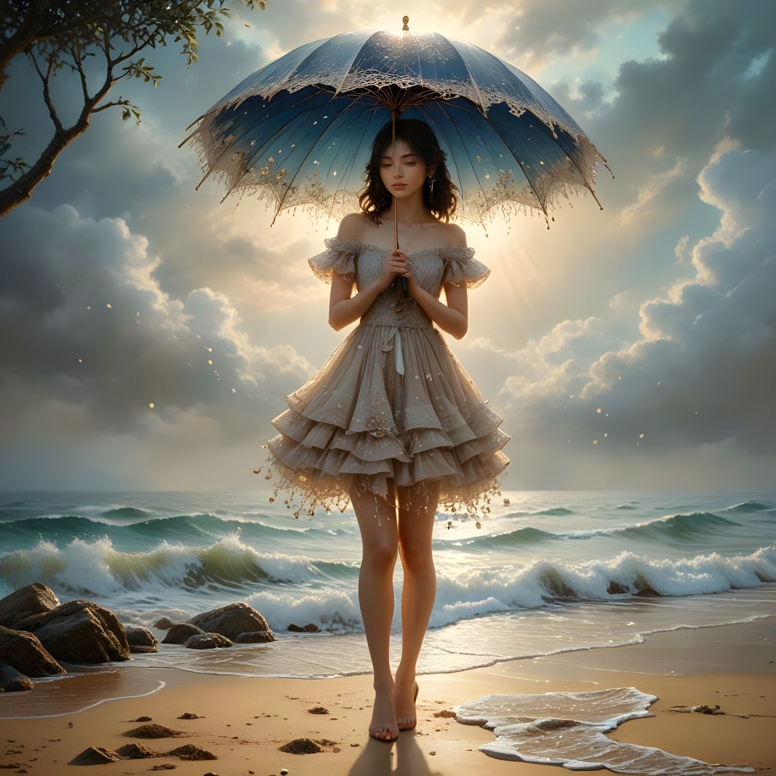 Ethereal Princess with Delicate Umbrella in Whimsical Style