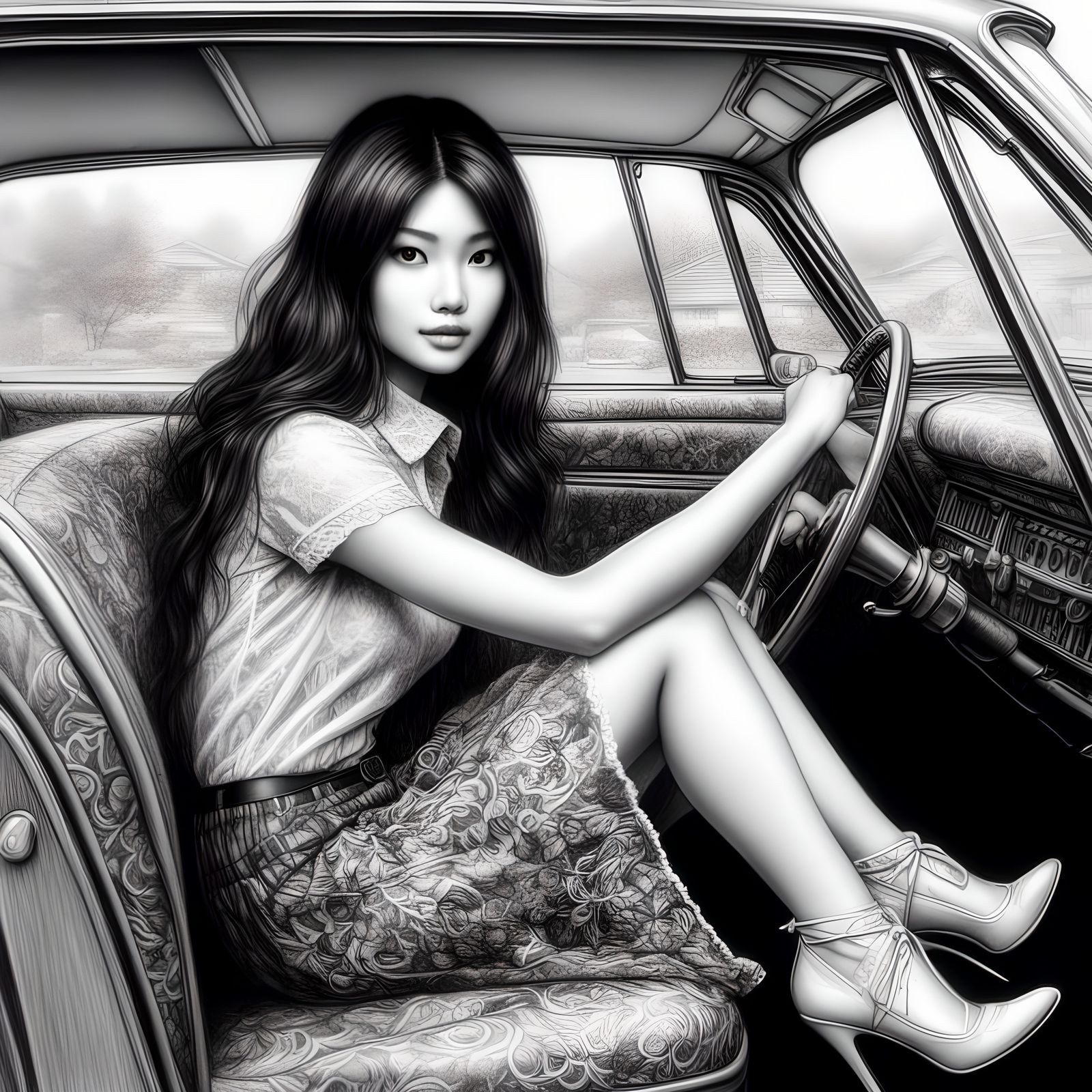 Dangerous Woman in Classic Car: Pencil Charcoal Drawing