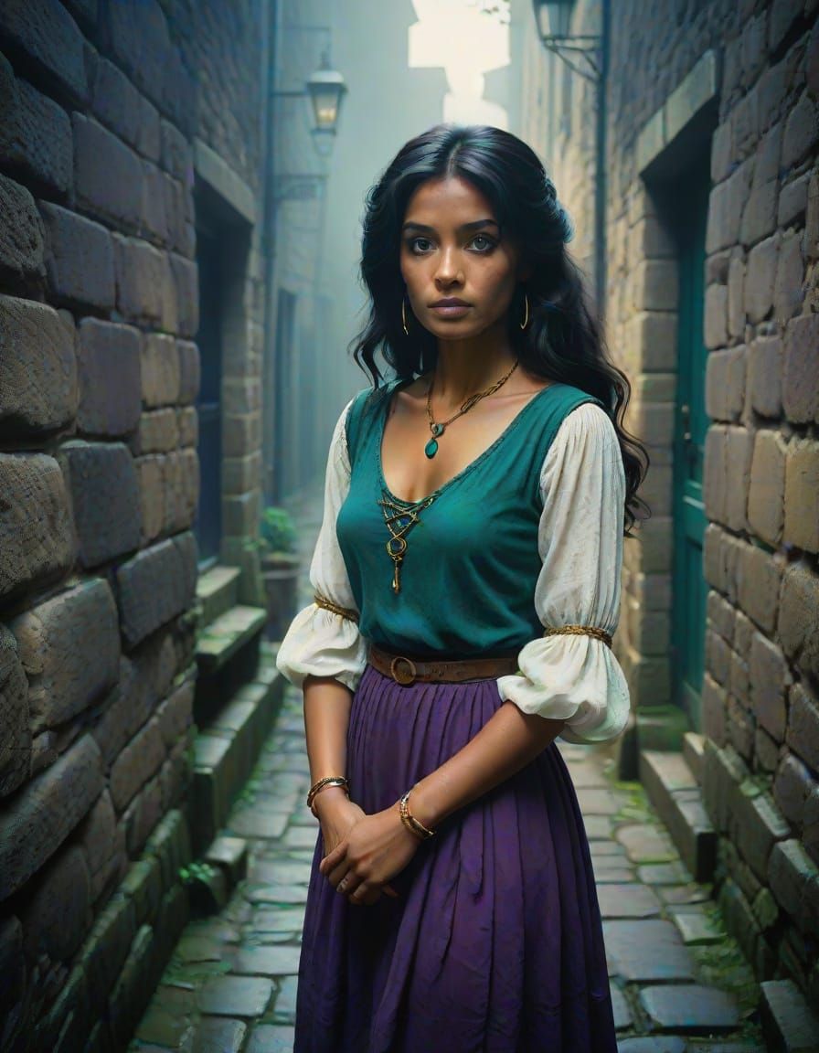Esmeralda in Cinematic Alleyway, Torn Dress and Emerald Neck...