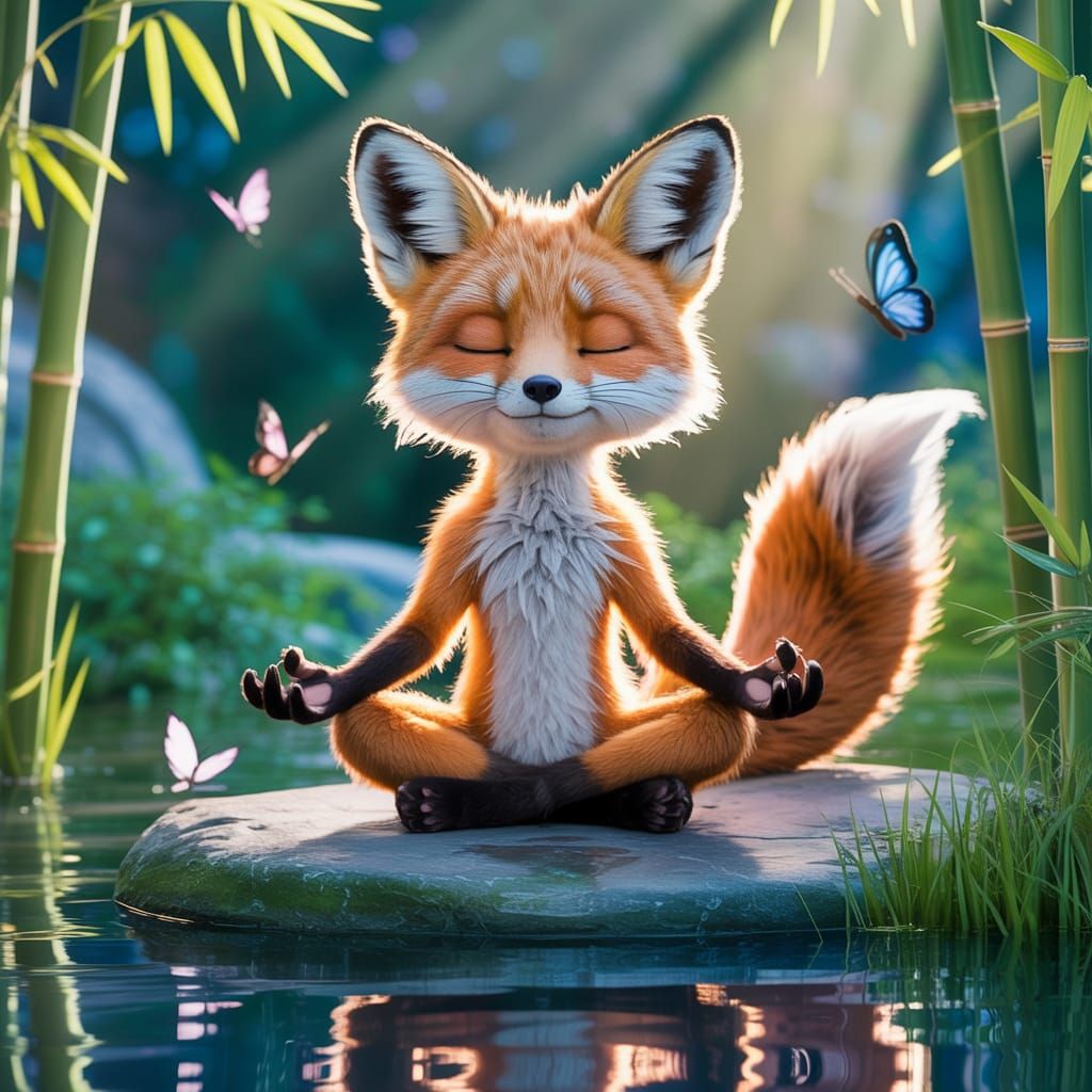 Pixar-Style Fox Meditating in a Zen Garden