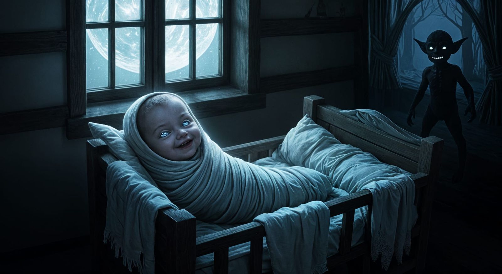 Eerie Goblin Silhouette Watching Strange Baby