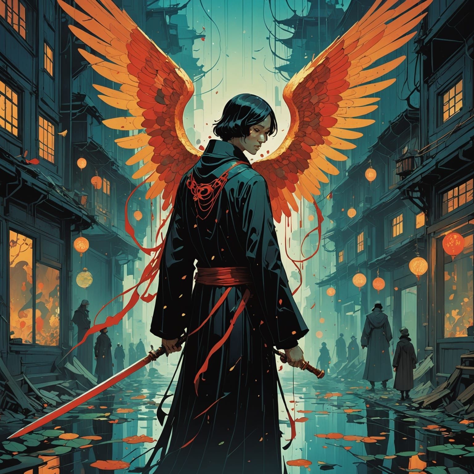 Biblical Angel of Death in Vibrant Horror Art