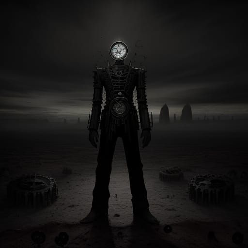 Surreal Figure Amidst Giant Broken Clockwork Gears