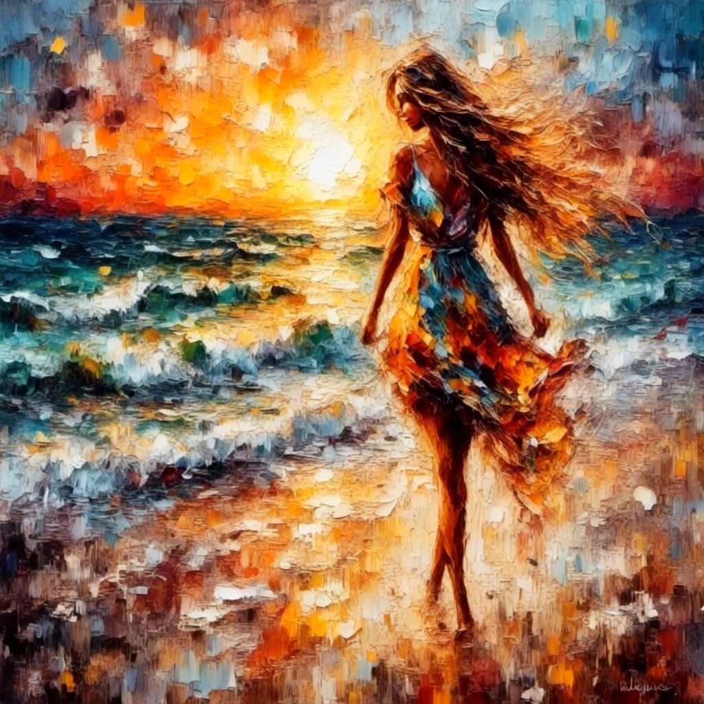 Woman on Beach at Sunset as Oil Painting