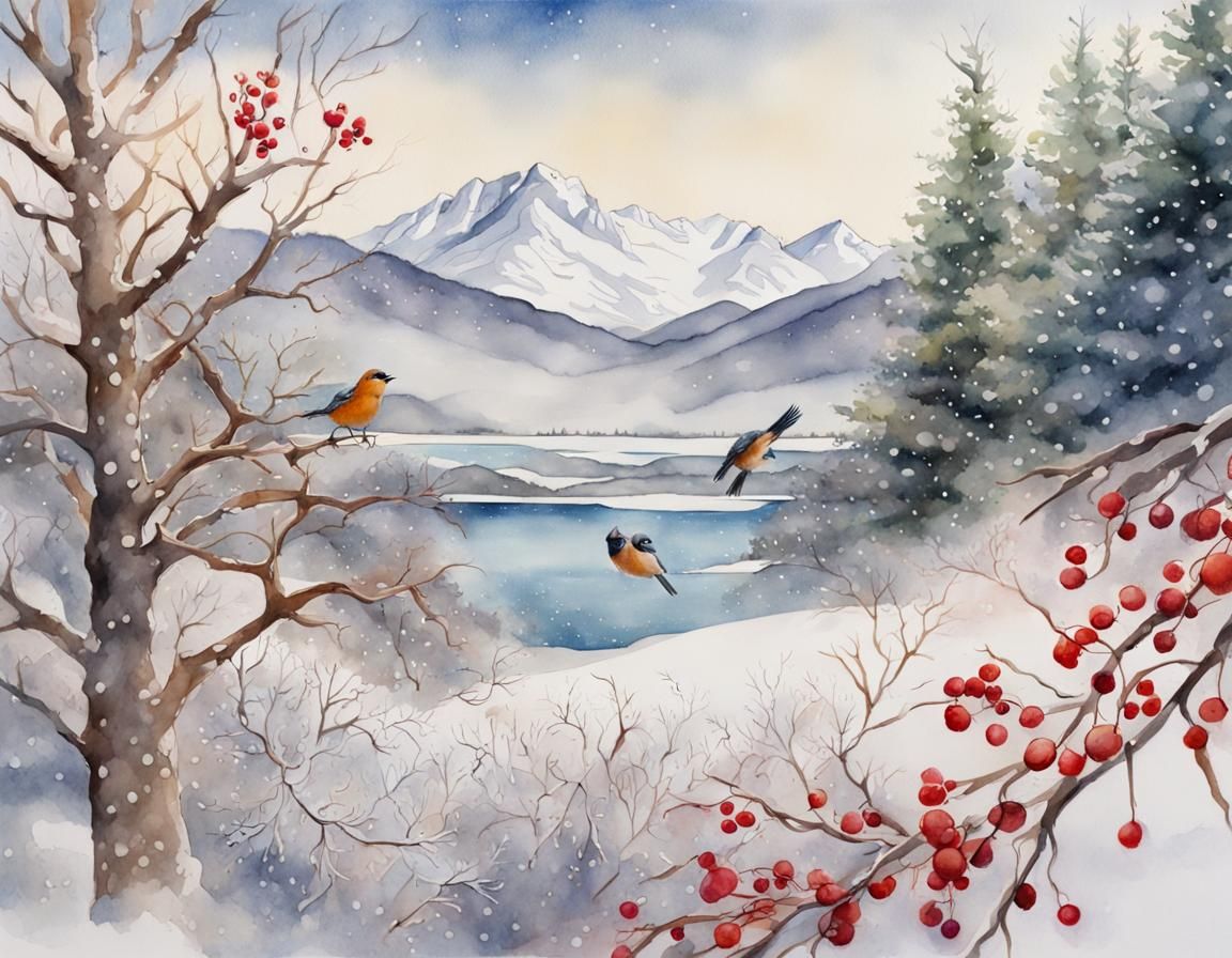 Watercolor Winter Scene with Mountains and Birds