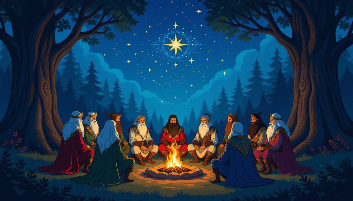 12 Monthly Guardians Gather by Campfire in Enchanted Forest