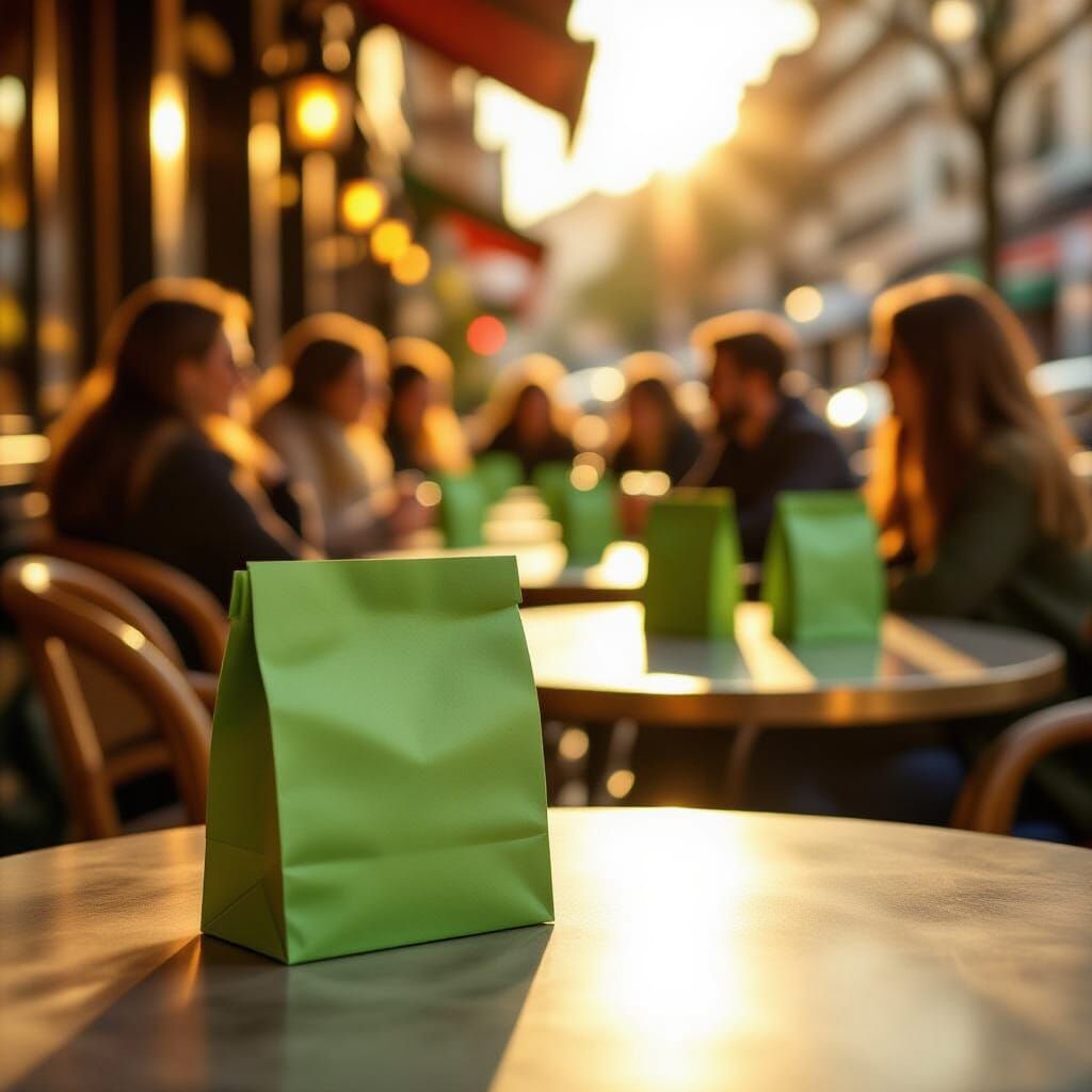 Photorealistic Green Paper Bags at Outdoor Cafe