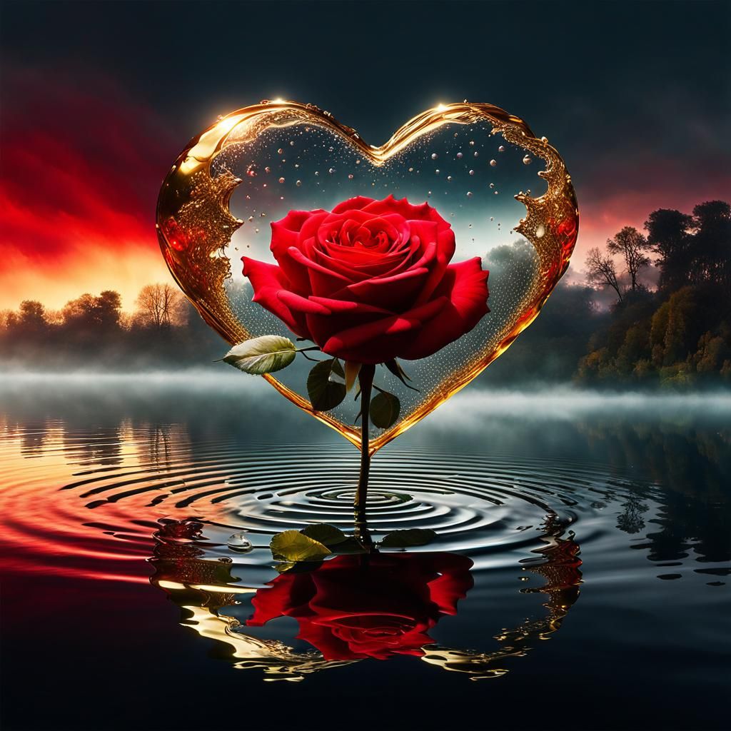 Heart-Shaped Rose Reflecting Aurorascapes in Digital Art