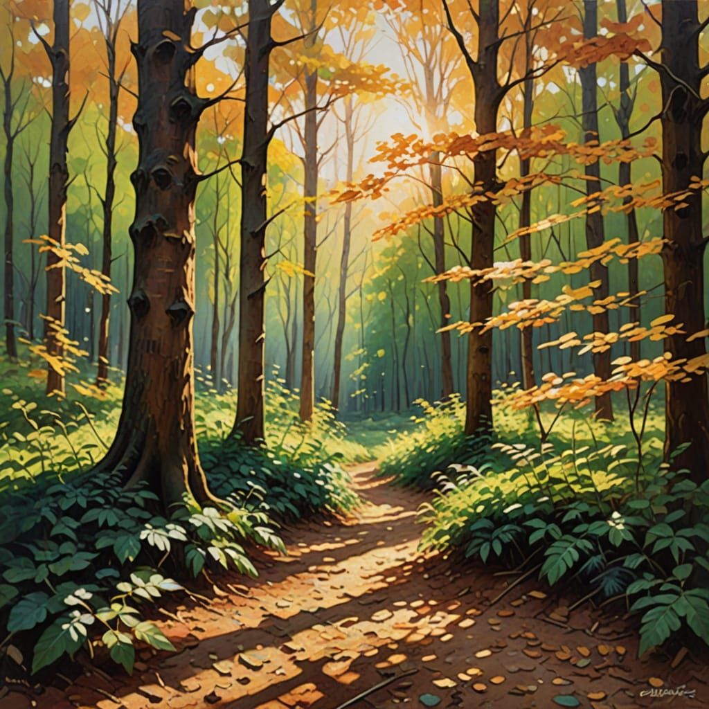 Impressionist Oil Painting of Sunlight Through Forest Leaves