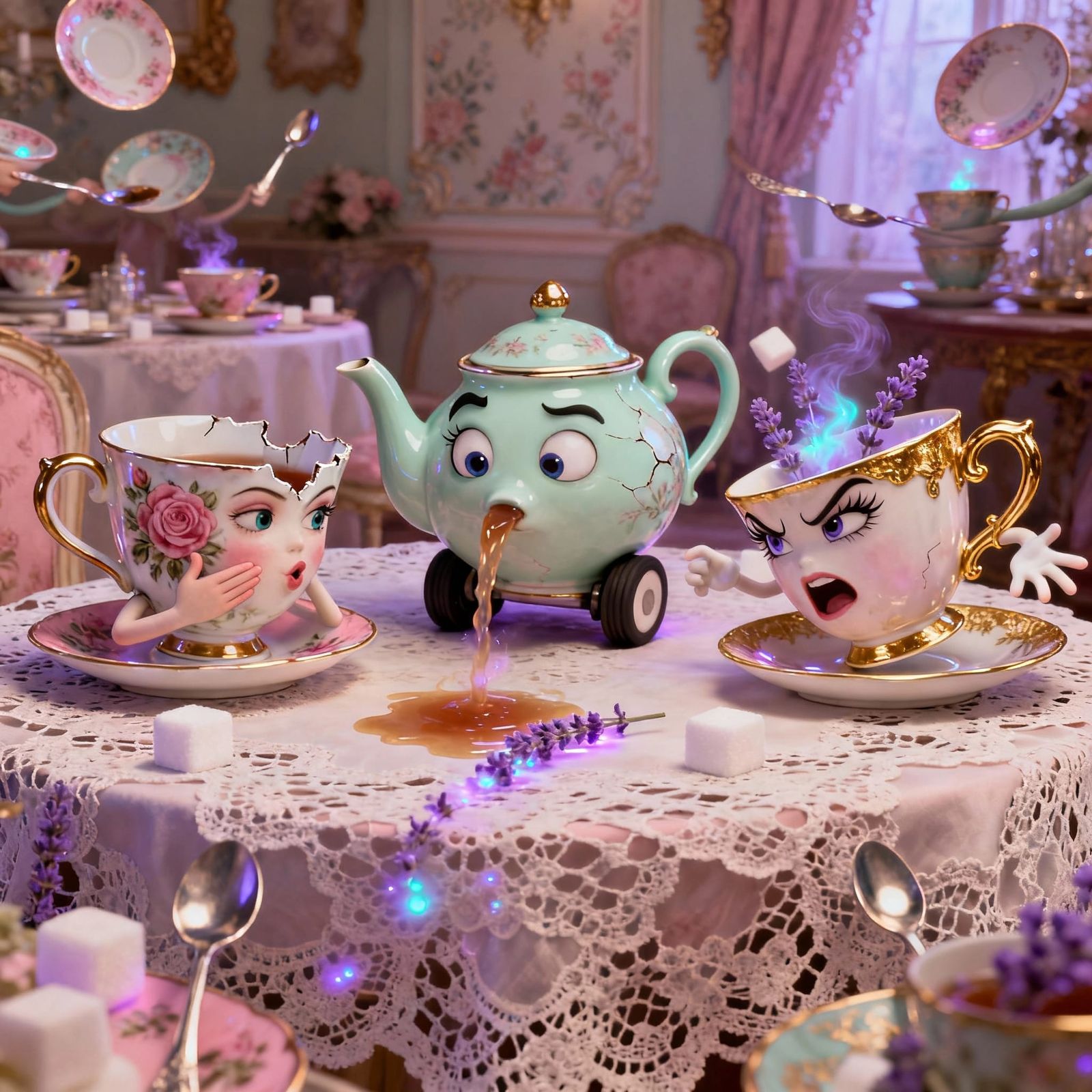 Sentient Porcelain Teacups Share Secrets in Rococo Surrealis...