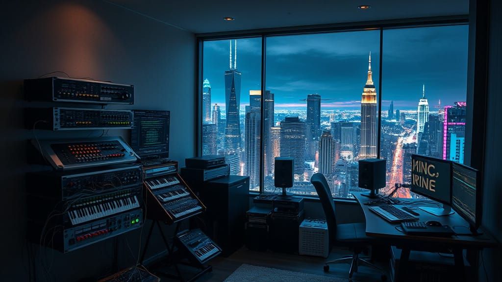 Ethereal Nighttime Studio Scene with Analog Synthesizers and...