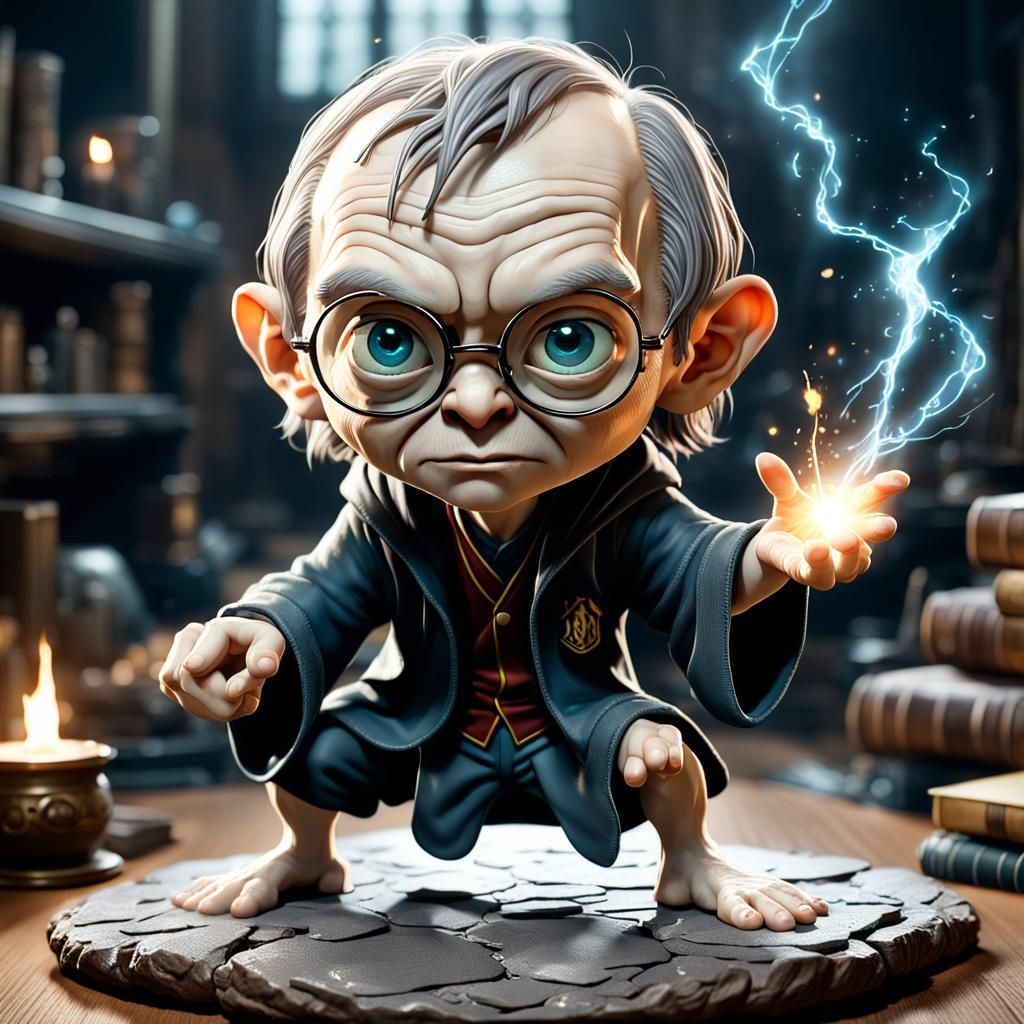 A chibi caricature portraying Gollum  as Harry Potter, casti...