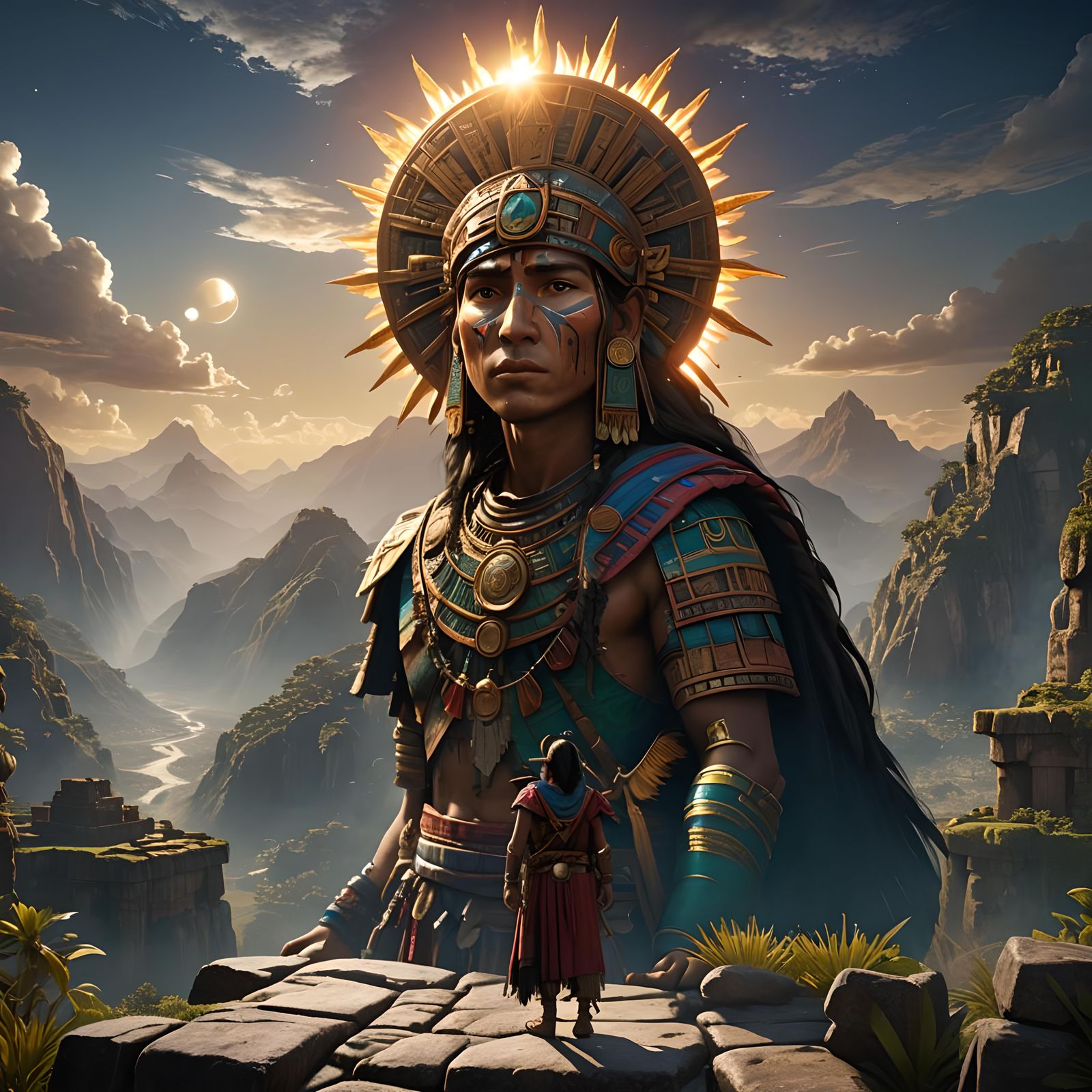 Inca Atahualpa seeing himself reflected in the sun