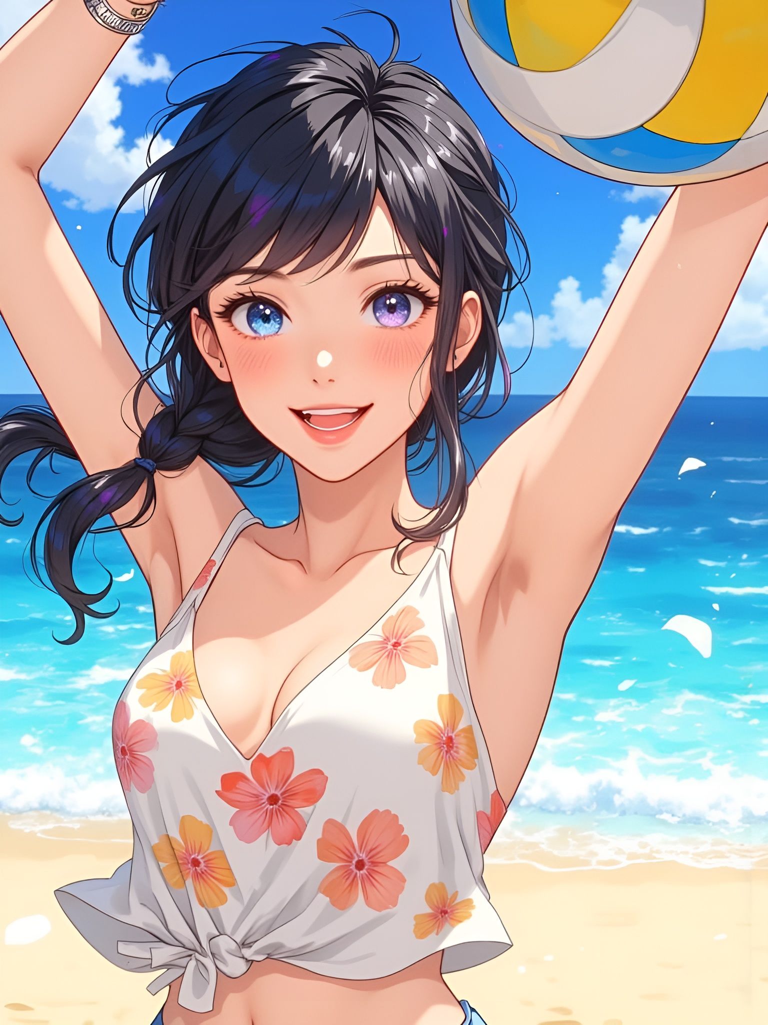 Anime Woman Spiking Volleyball on Sunny Beach