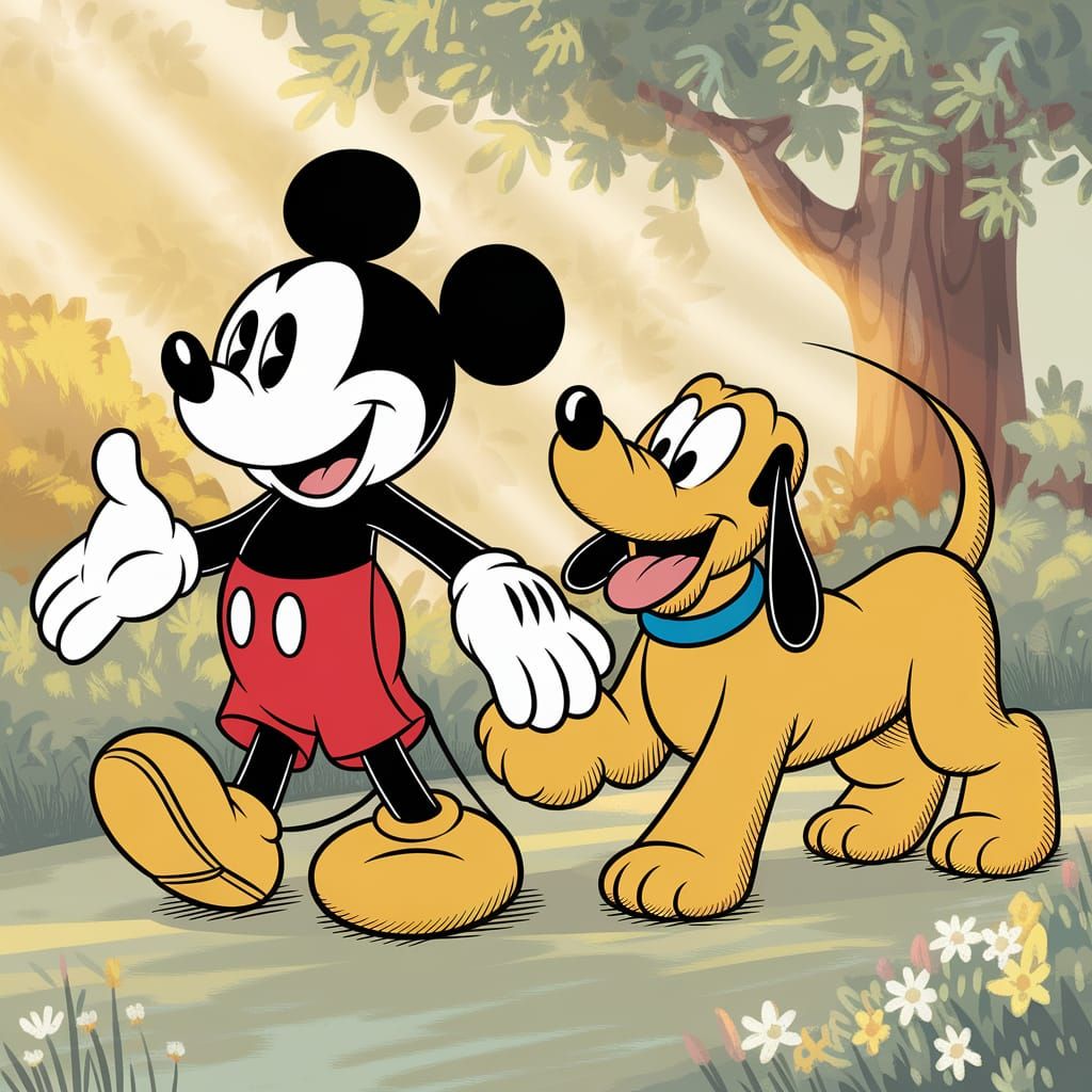 Mickey Mouse Walking Pluto in a Lush Sunlit Park